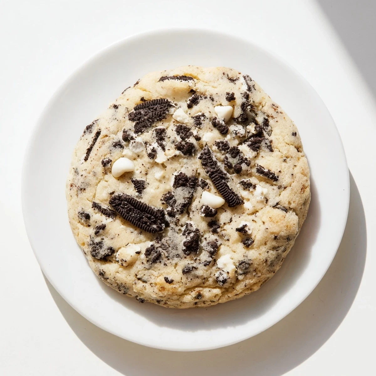 Soft chewy cookies and cream cookie with white chocolate chips on rustic wooden board