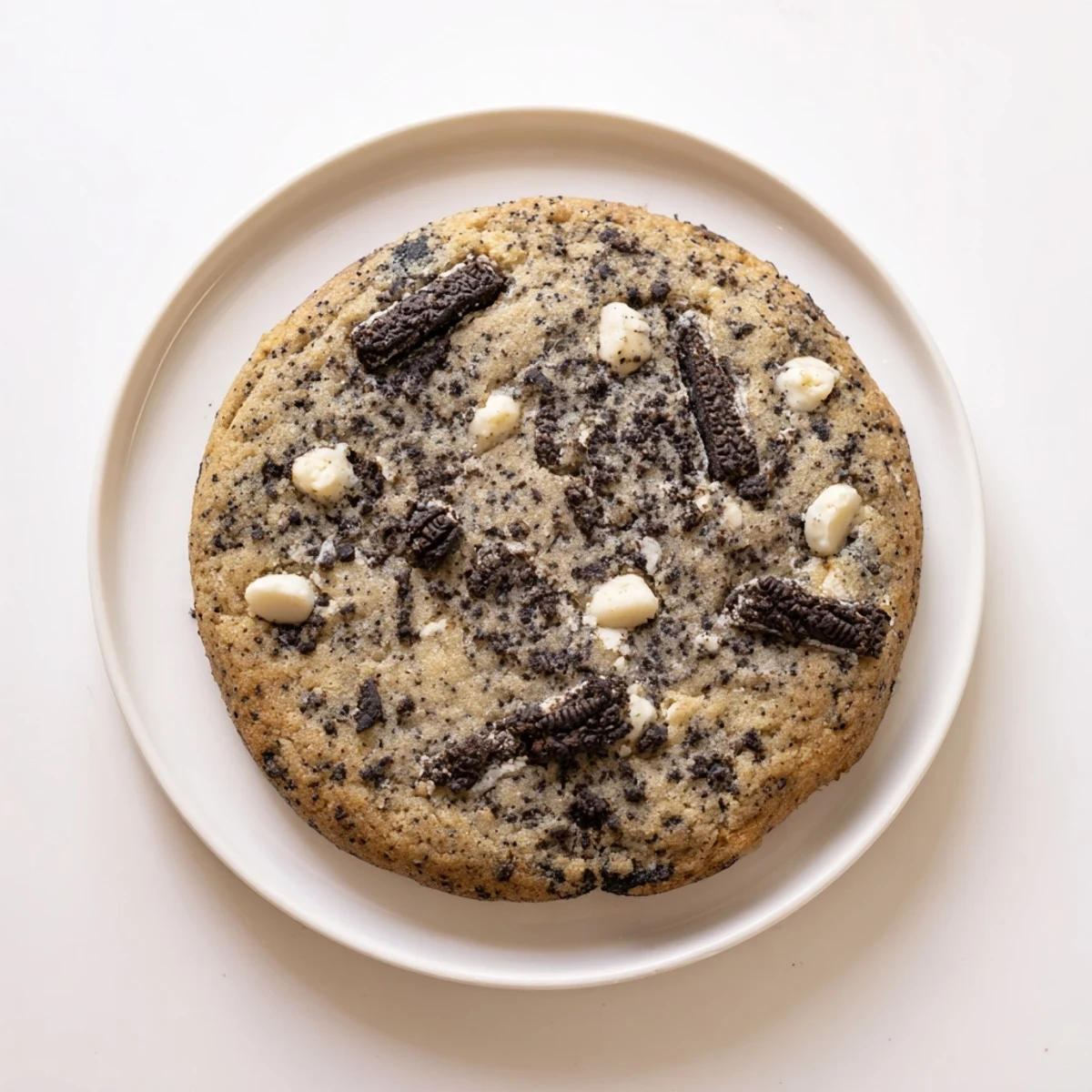 Warm cookies and cream cookie fresh from oven with golden edges and melty chips