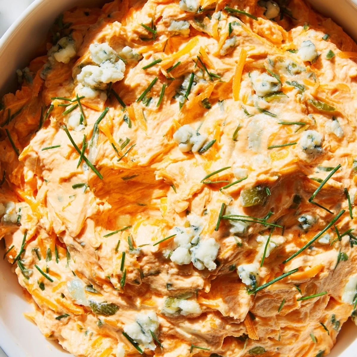 Creamy buffalo pickle dip in a serving bowl surrounded by crunchy chips and fresh veggie sticks for dipping