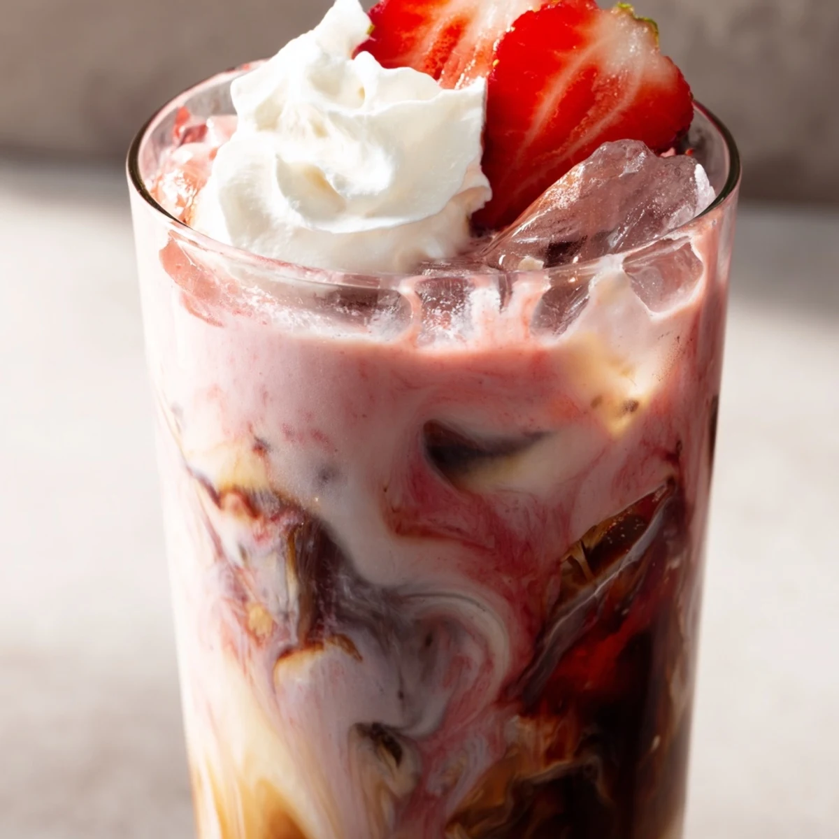 Creamy strawberry cold latte served over ice with fresh berry garnish and whipped cream topping