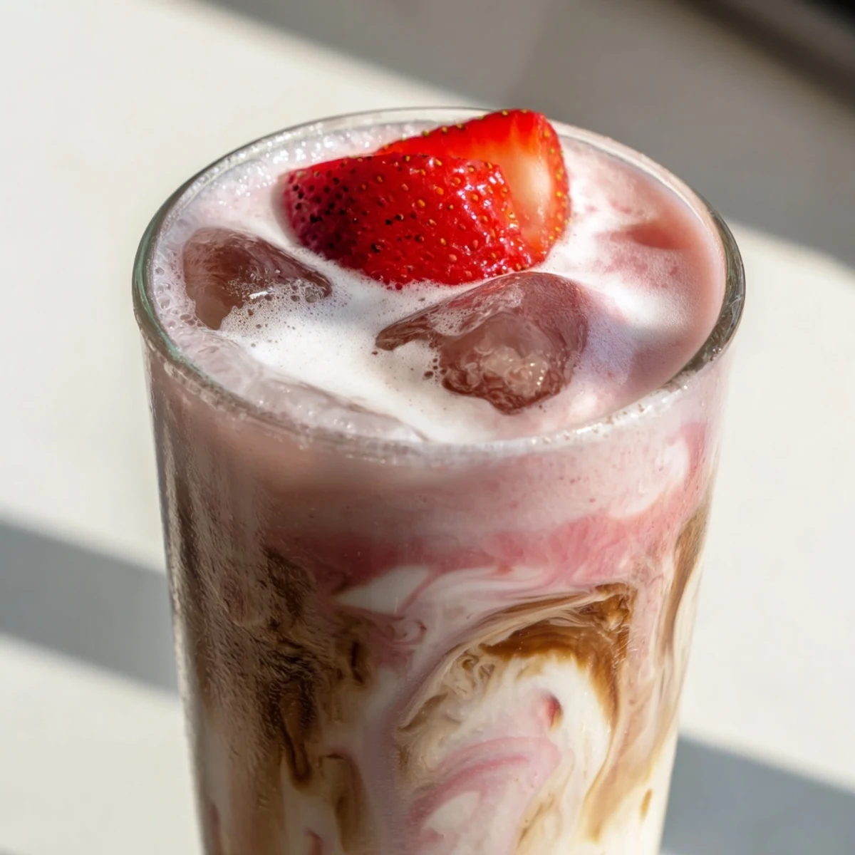 Refreshing strawberry cream cold latte in tall glass with rich espresso swirls and ice