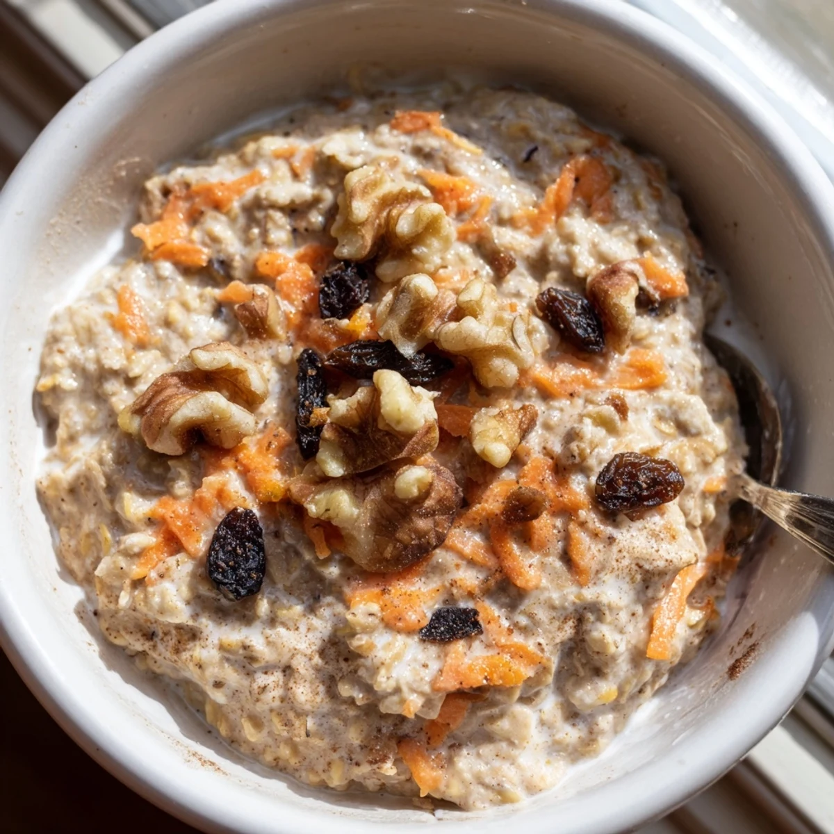 Creamy carrot cake overnight oats topped with chopped walnuts and a sprinkle of cinnamon in a mason jar