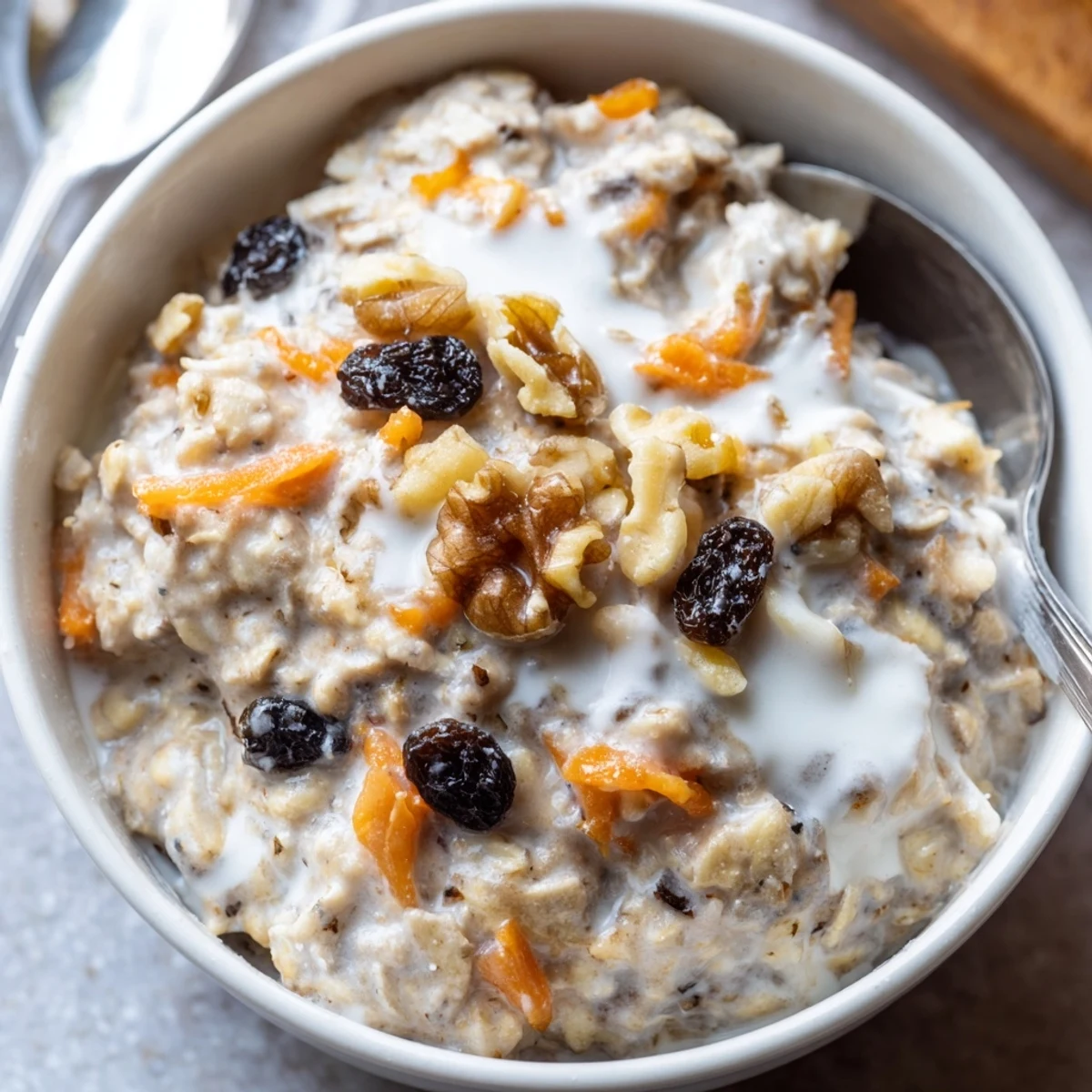 Carrot cake overnight oats with grated carrots, raisins, and crunchy pecans served in a glass bowl