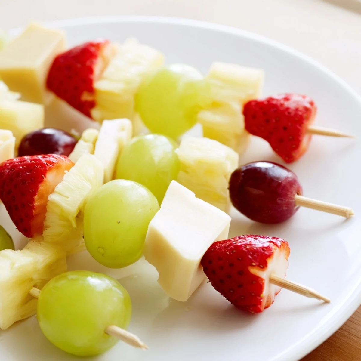 Colorful fruit and cheese kabobs arranged on platter with grapes strawberries pineapple and cheddar cubes