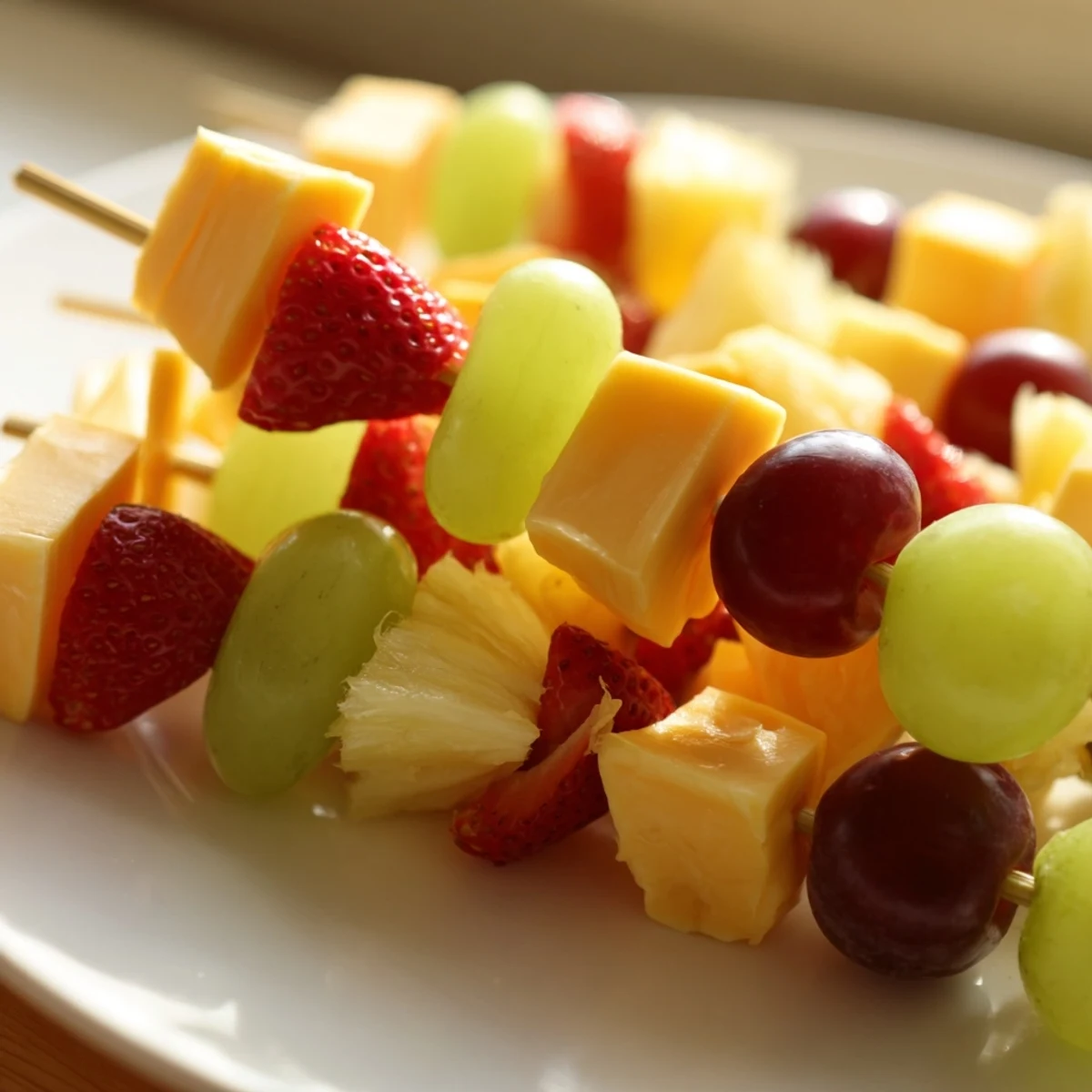 Fresh fruit and cheese kabobs featuring alternating cubes of cheddar mozzarella grapes and sweet strawberries