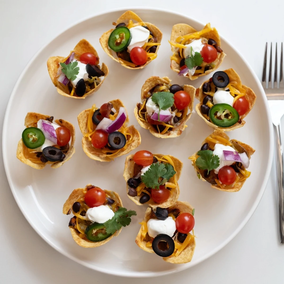 Golden cheesy nacho cups with melted cheddar and colorful toppings in a mini muffin tin