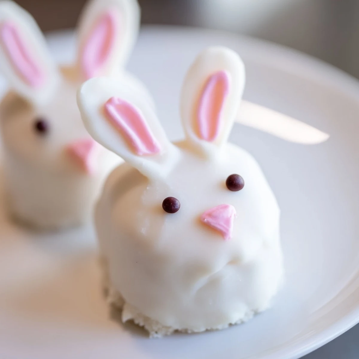 Adorable white chocolate bunny cakesicles with candy eyes on a festive Easter tray