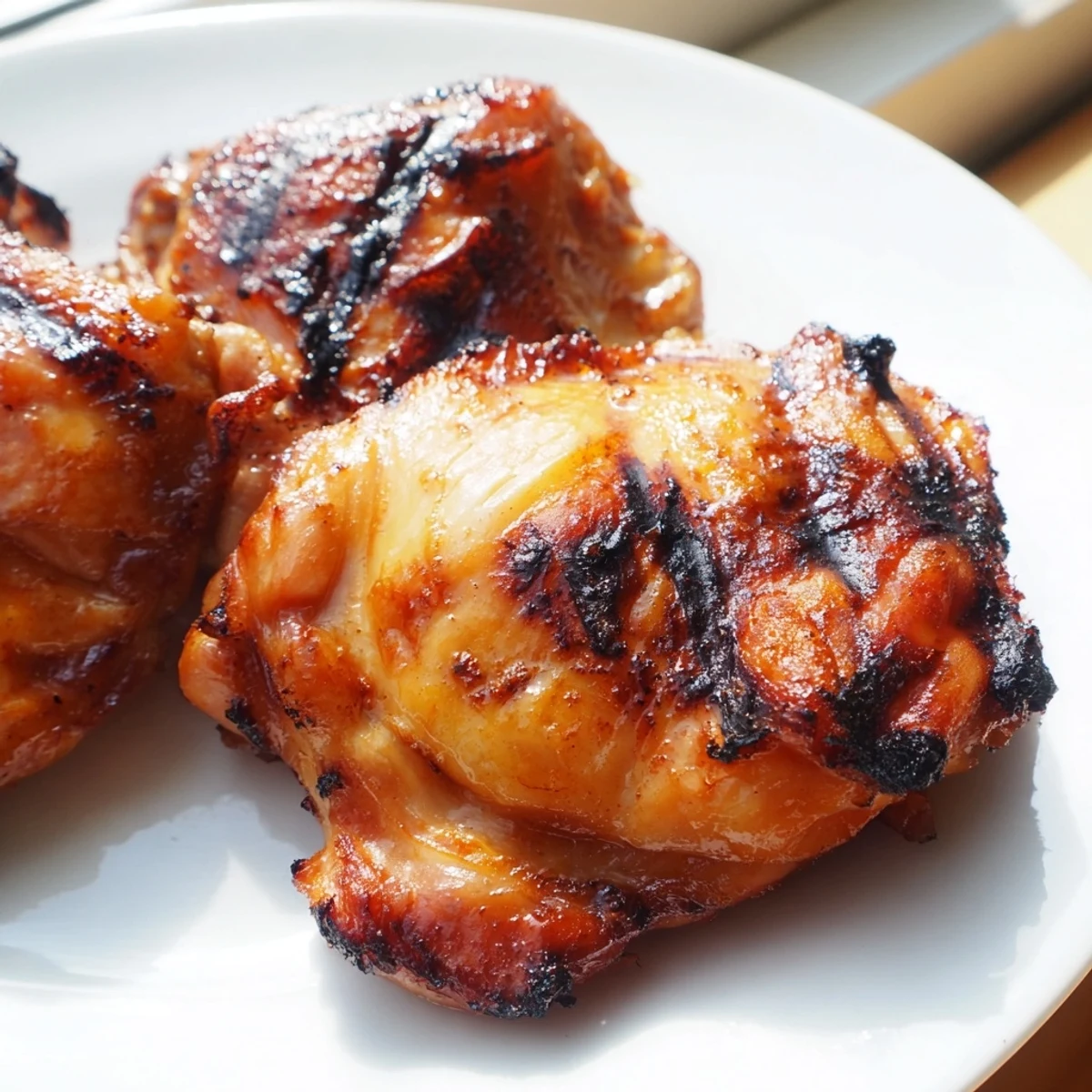 Golden crispy chicken thighs glazed with killer chicken thigh marinade fresh off the grill
