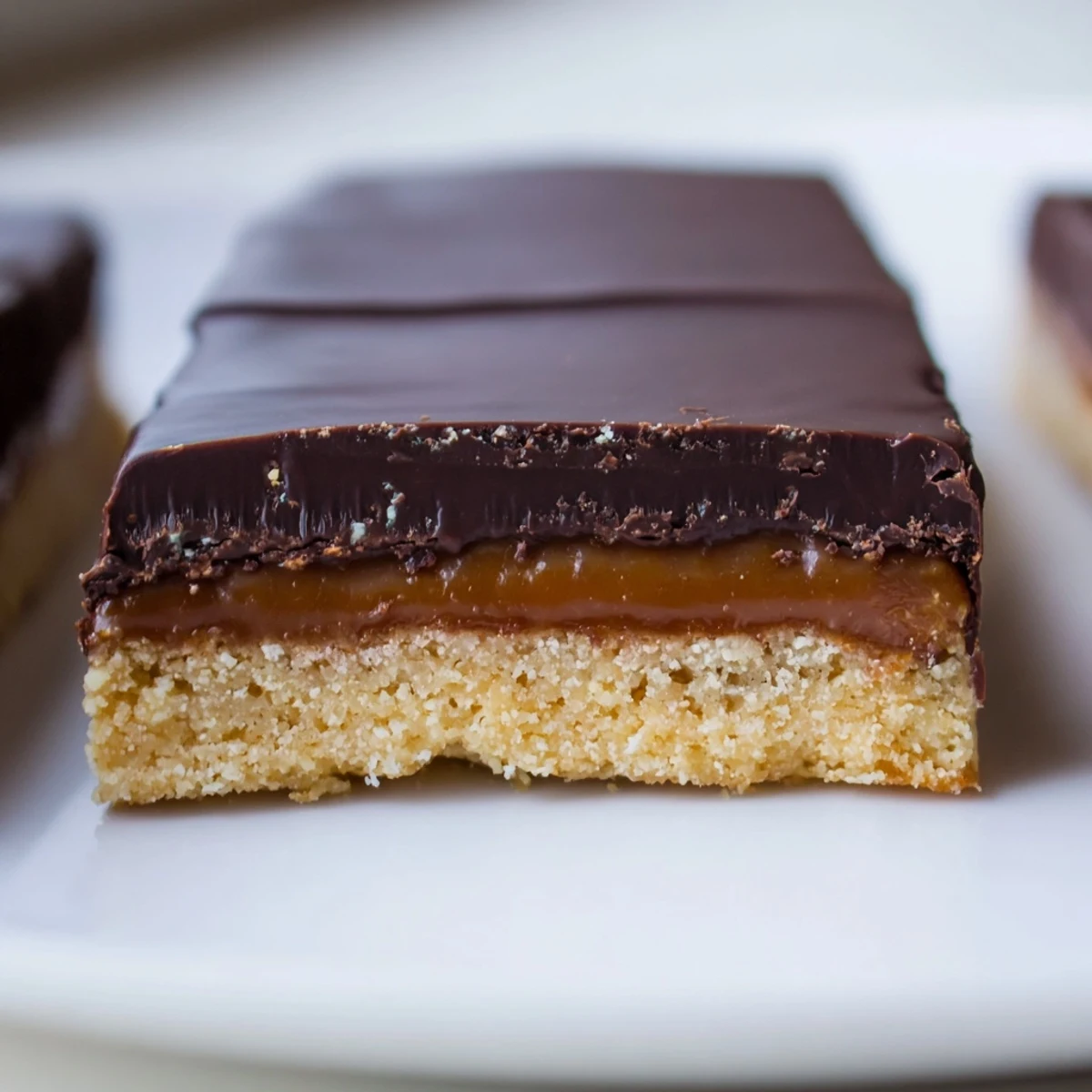 Golden Healthy Twix Bars with glossy chocolate topping and thick date caramel layer