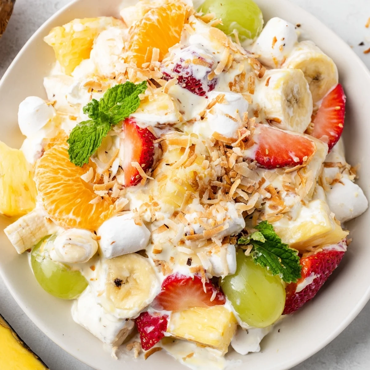 Creamy Hawaiian cheesecake salad loaded with fresh tropical fruits in a fluffy vanilla base