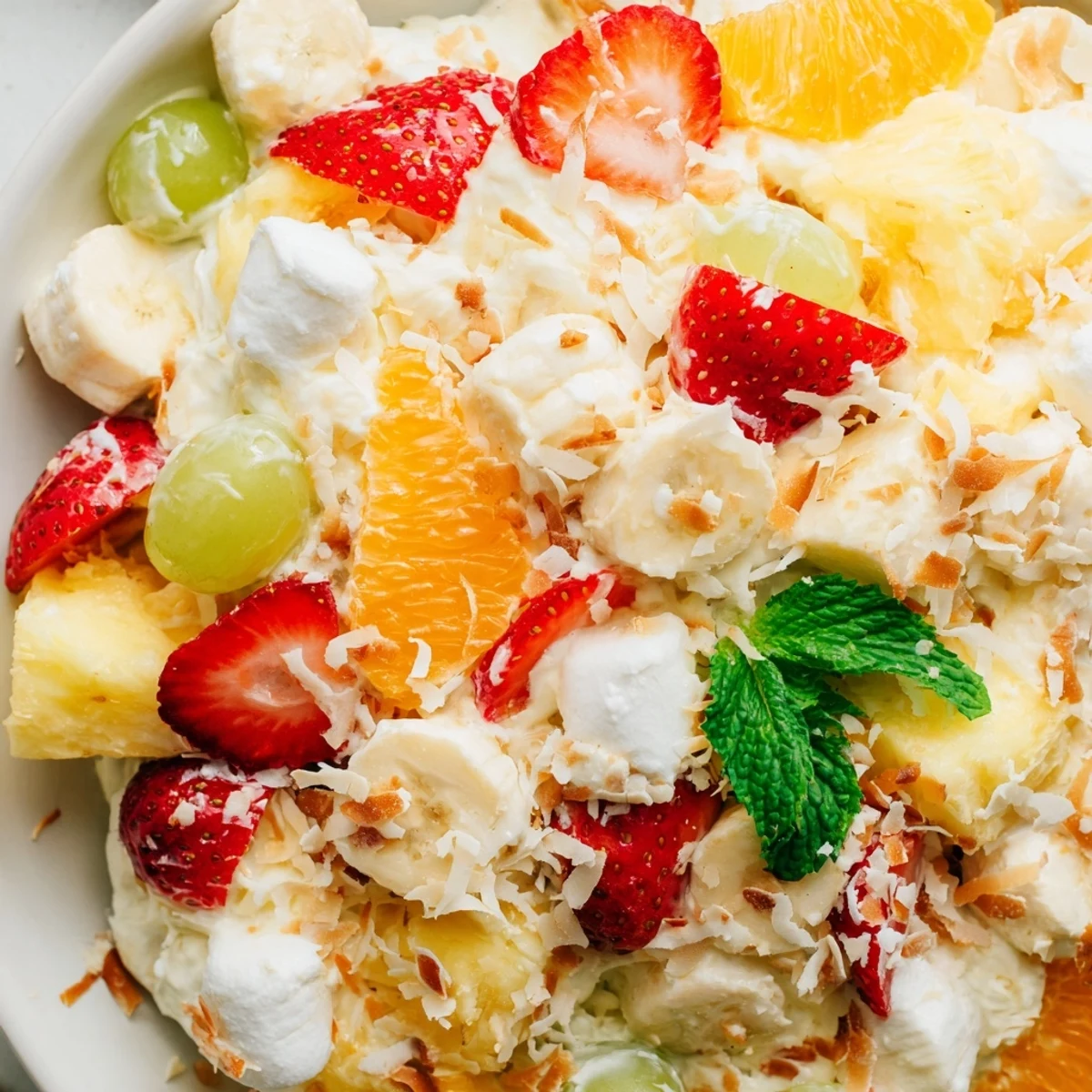 Hawaiian cheesecake salad served chilled with juicy pineapple strawberries and mandarin orange segments