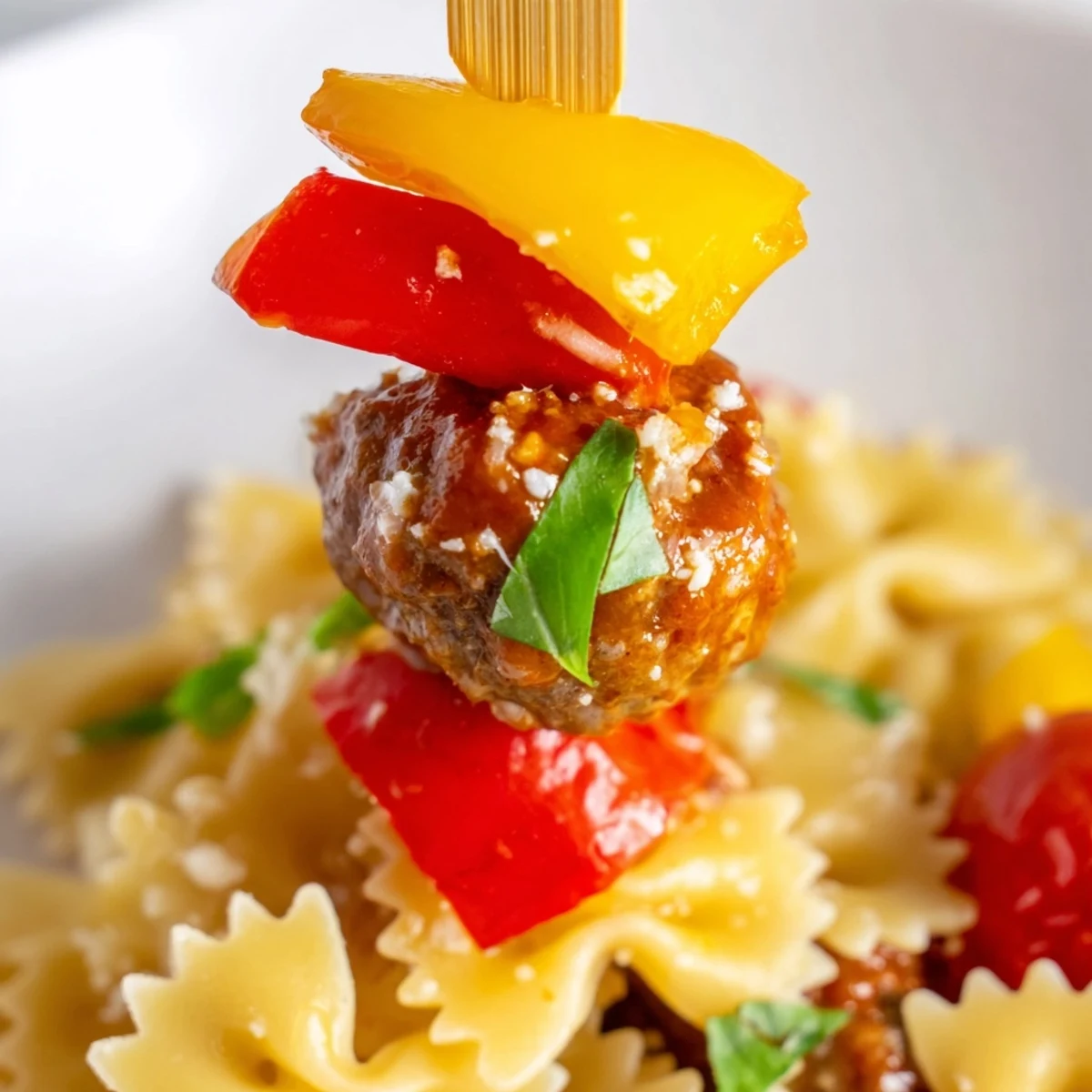 Juicy cocktail meatball skewers with colorful bell peppers and bowtie pasta on rustic platter
