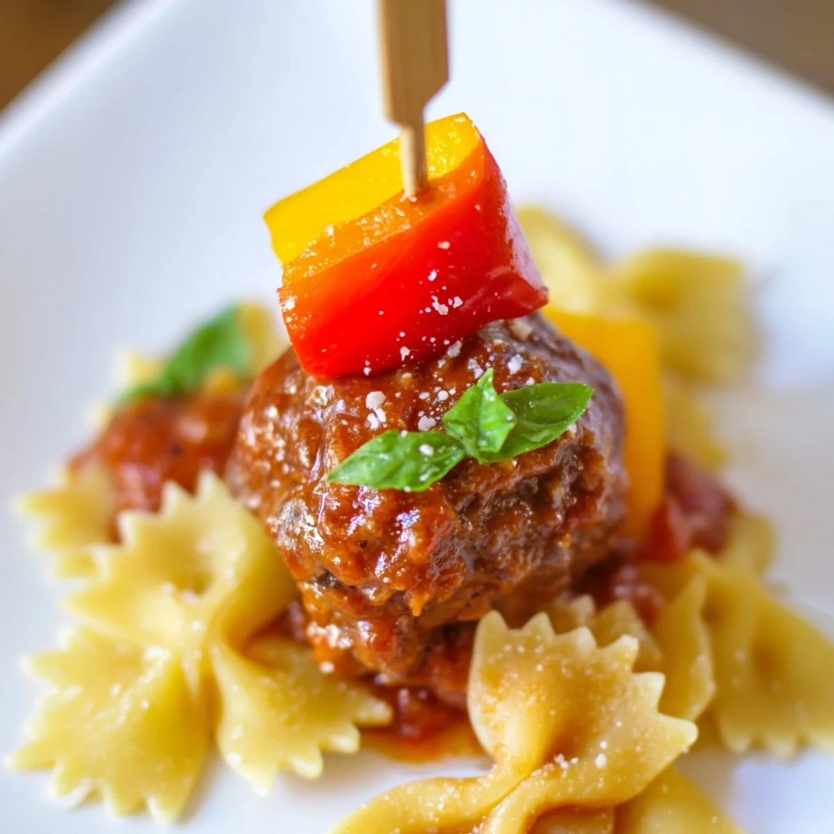 Bowtie pasta and cocktail meatball skewers drizzled with glaze and sprinkled Parmesan cheese
