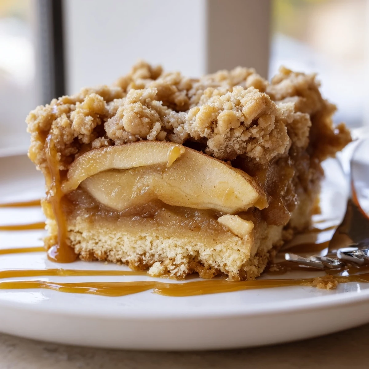 Golden caramel apple crumb bars with buttery streusel topping on a rustic plate