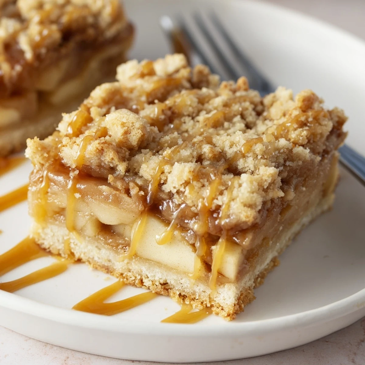 Warm caramel apple crumb bars sliced to reveal tender cinnamon-spiced apple filling