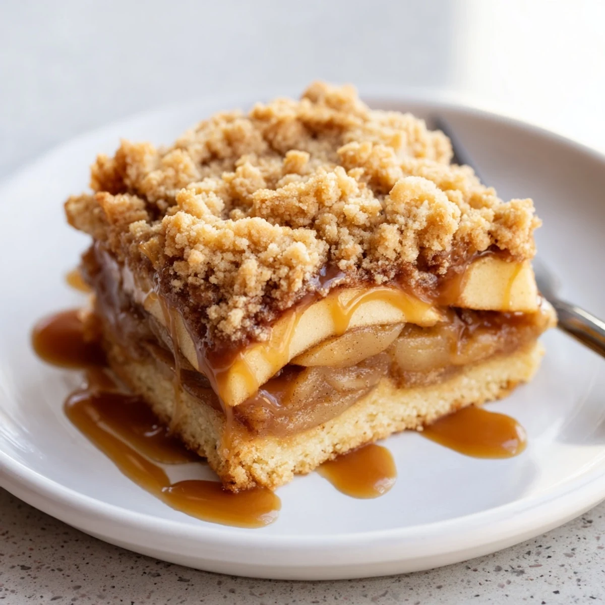 Chewy caramel apple crumb bars drizzled with extra caramel sauce on a cutting board