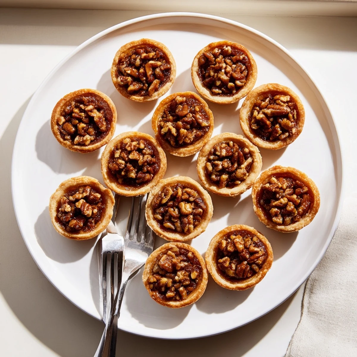 Golden mini pecan pies with caramelized filling fresh from the oven