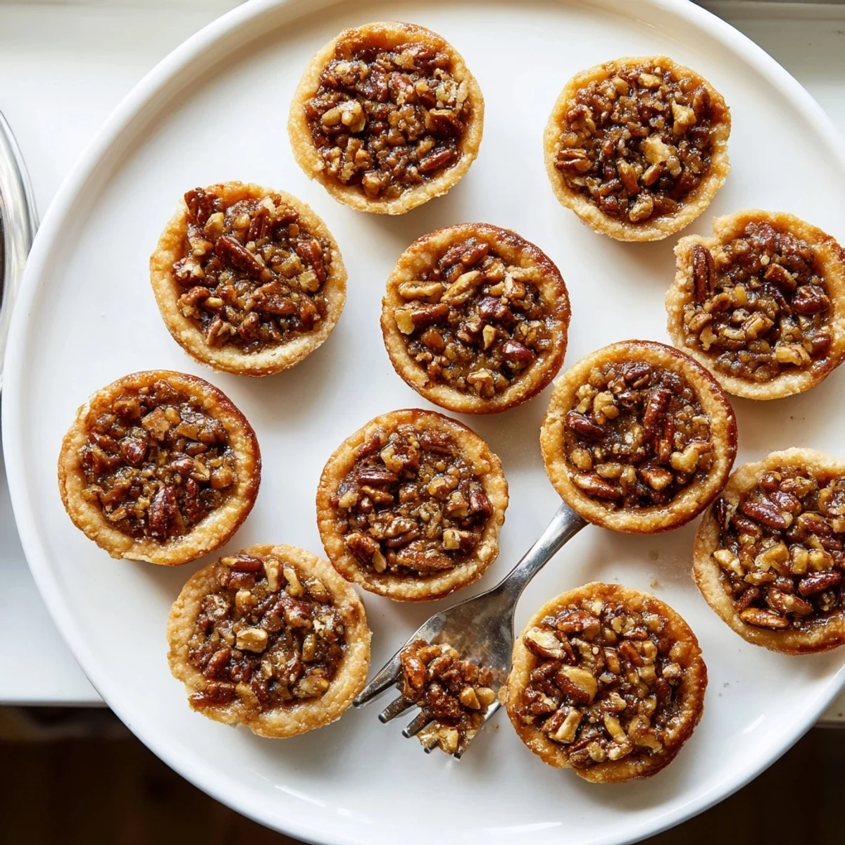 Mini pecan pies topped with crunchy nuts on a rustic serving board