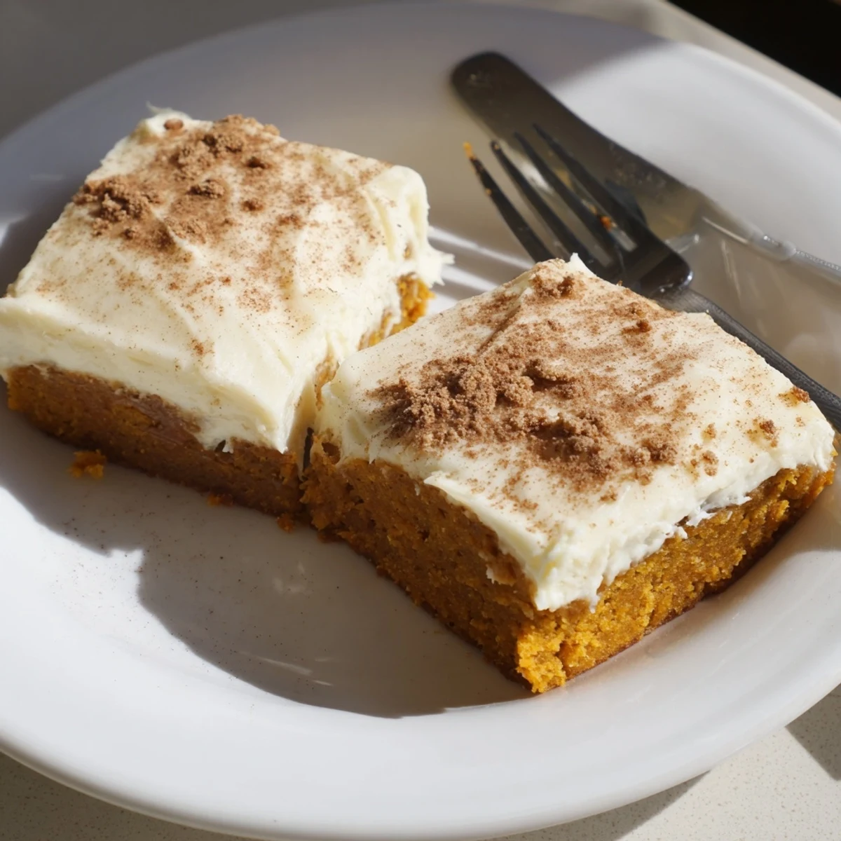 Warm spiced pumpkin bars with cream cheese frosting sliced on a rustic cutting board