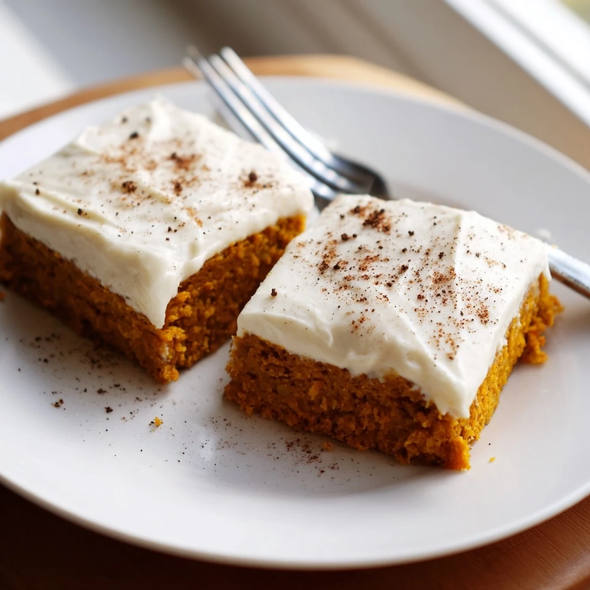 Thick generous layer of tangy cream cheese frosting atop moist spiced pumpkin bars