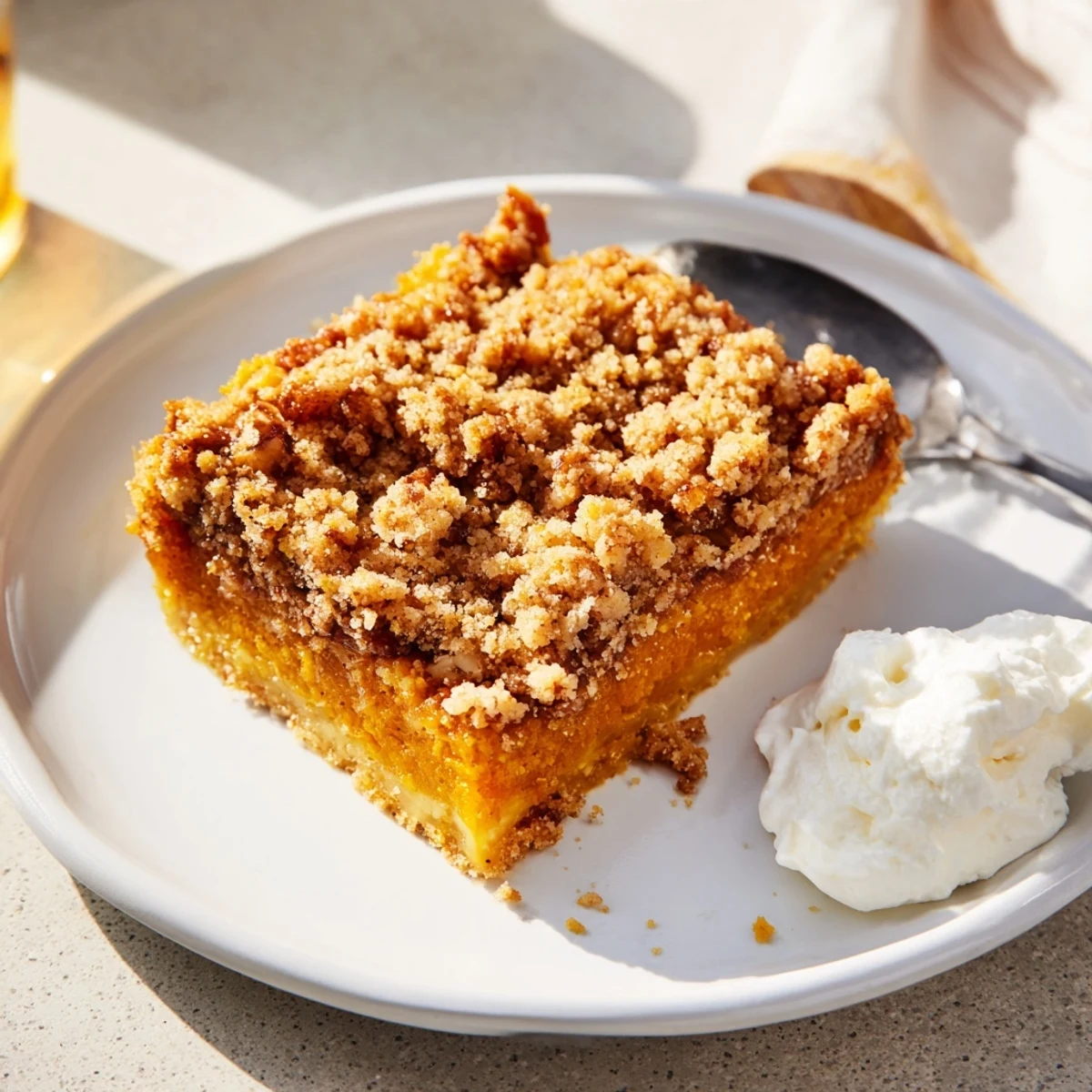 Golden-crusted pumpkin dump cake with spiced filling, toasted pecans, and whipped cream
