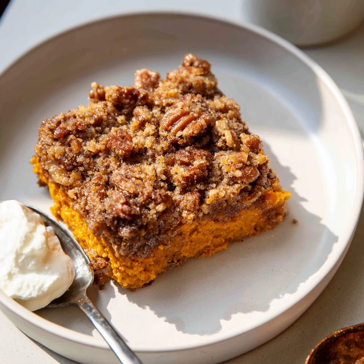 Warm pumpkin dump cake scooped from a bubbly 9x13 baking dish with caramelized edges