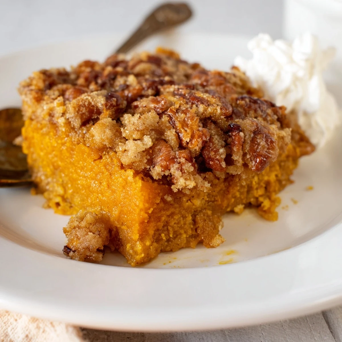 Creamy pumpkin dump cake layered under buttery yellow cake topping, served in a rustic dish