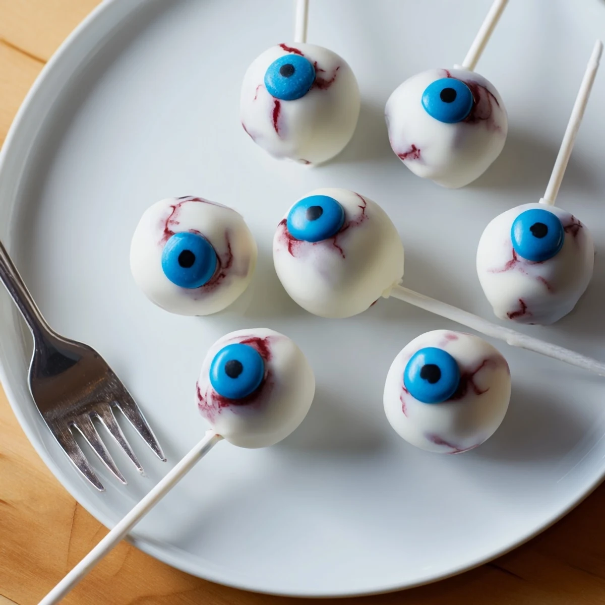 Halloween Cake Eyeballs with red veins and colorful irises on a spooky dessert platter