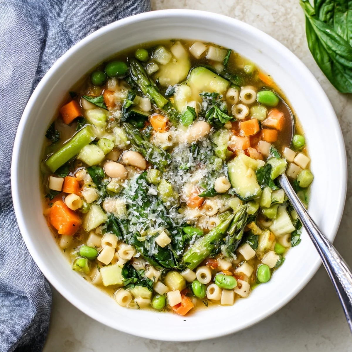 Steaming bowl of spring minestrone soup topped with grated Parmigiano Reggiano and fresh basil