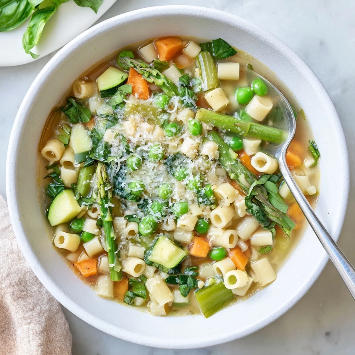 Vibrant spring minestrone soup filled with tender pasta, asparagus, and wilted spinach in a white bowl