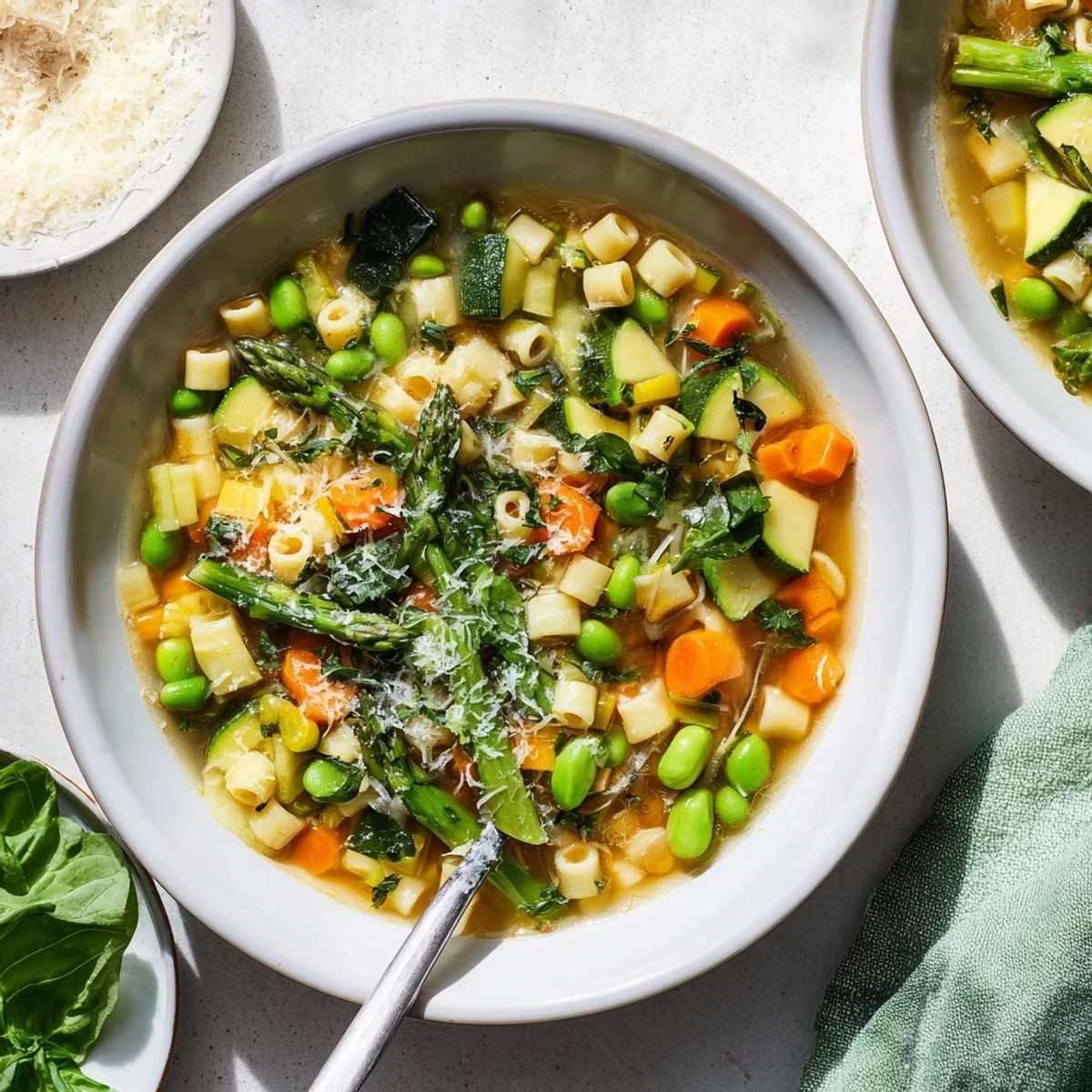 Golden spoonful of spring minestrone soup revealing cannellini beans, peas, and diced carrots