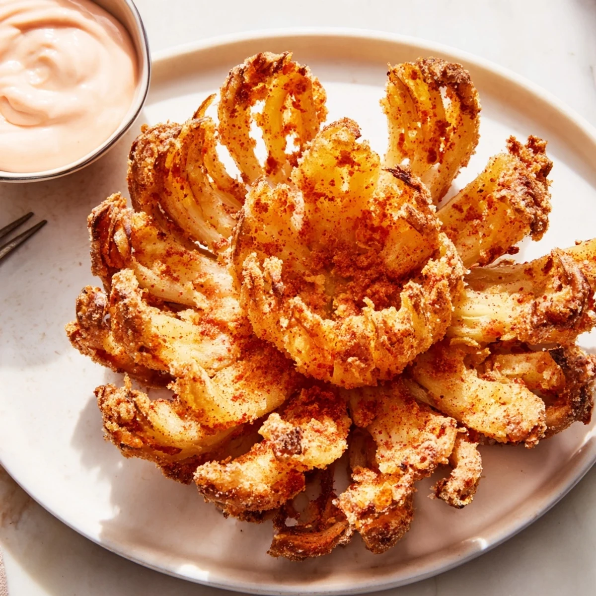 Golden crispy mini bloomin onions served hot with spicy horseradish dipping sauce