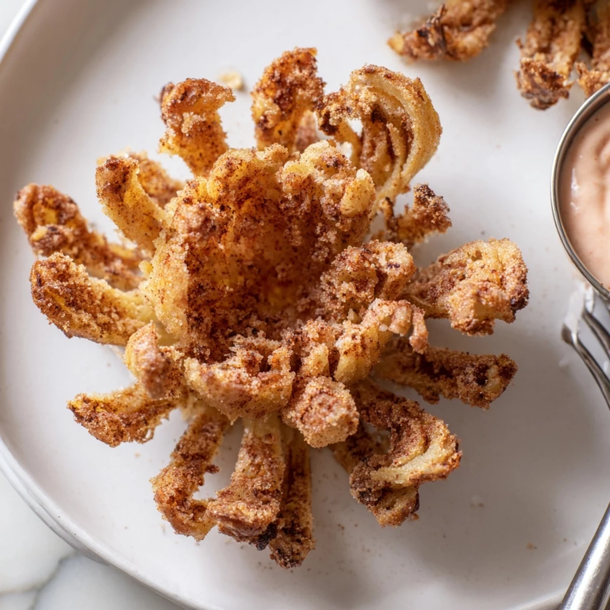 Deep-fried mini bloomin onions with crunchy battered petals arranged on a platter