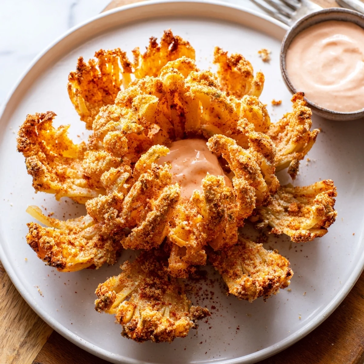 Crispy mini bloomin onions recipe showing golden fried onions beside creamy dipping sauce