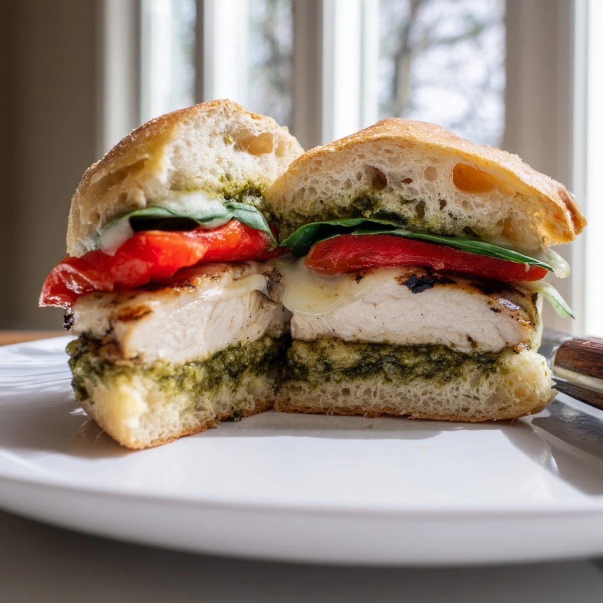 Golden grilled chicken with melted mozzarella on a chicken pesto sandwich recipe served on toasted ciabatta
