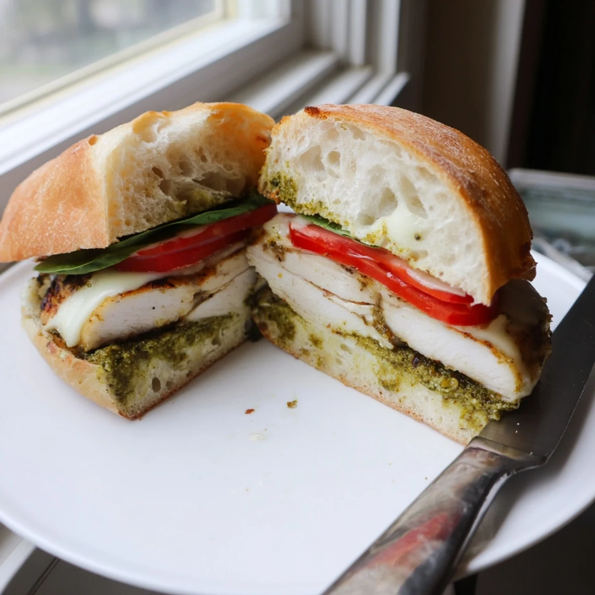 Sliced tomato and fresh arugula layered inside a warm chicken pesto sandwich recipe on a plate