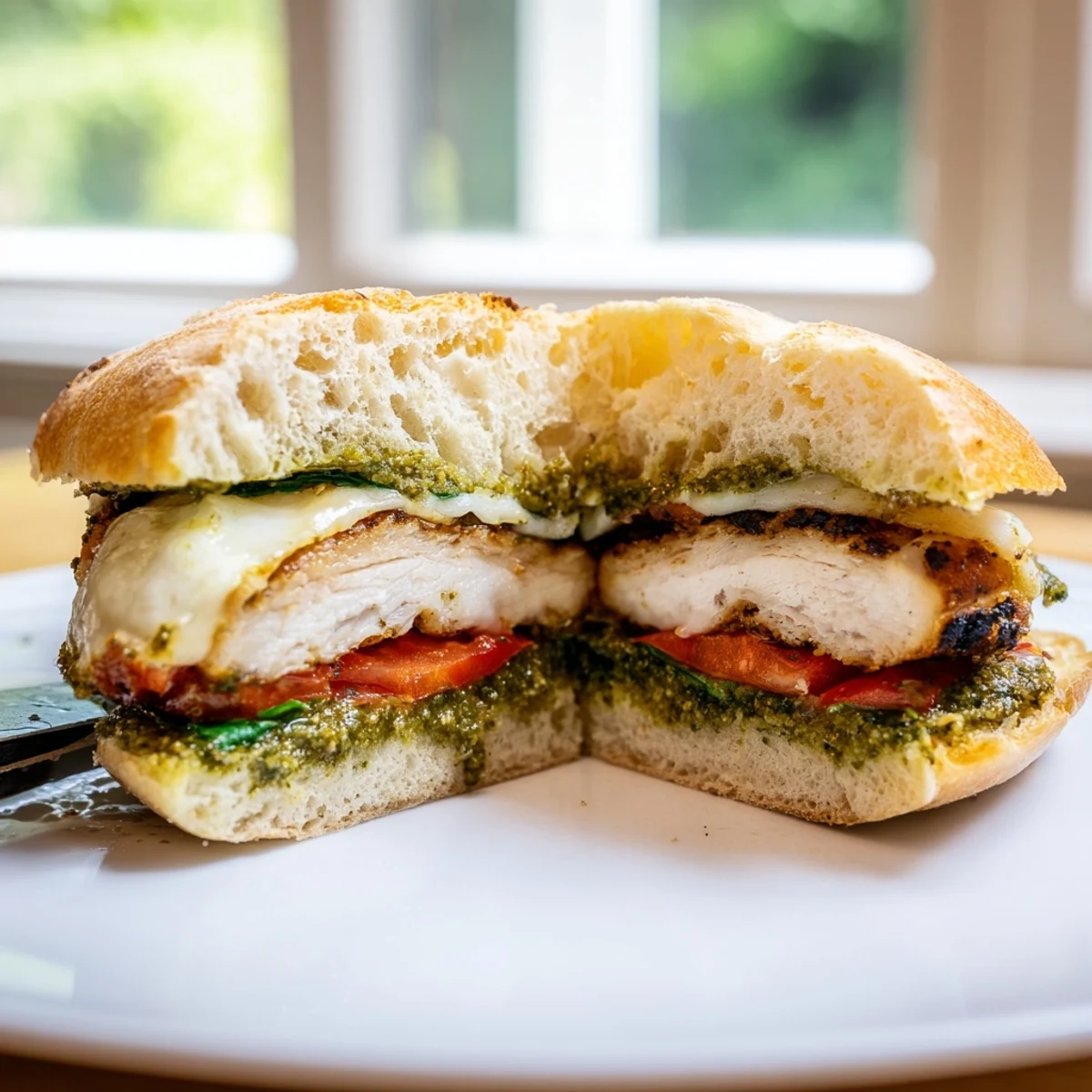 Juicy chicken cutlets with basil pesto and gooey cheese in this chicken pesto sandwich recipe