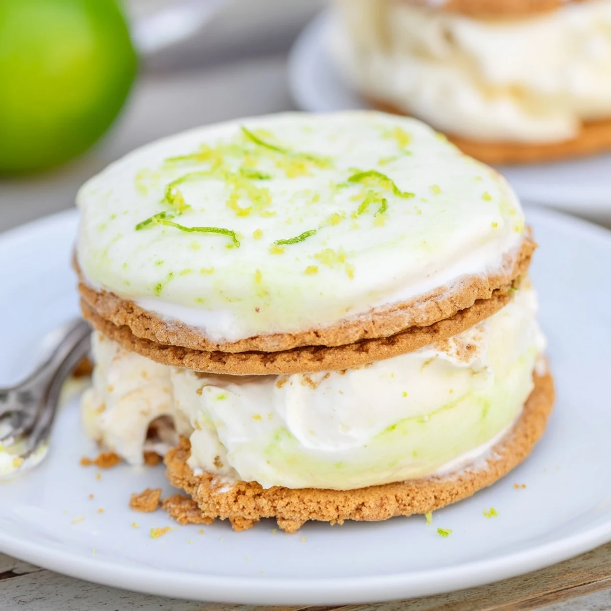 Key Lime Pie Ice Cream Sandwiches with creamy tart filling and crisp graham cookies.