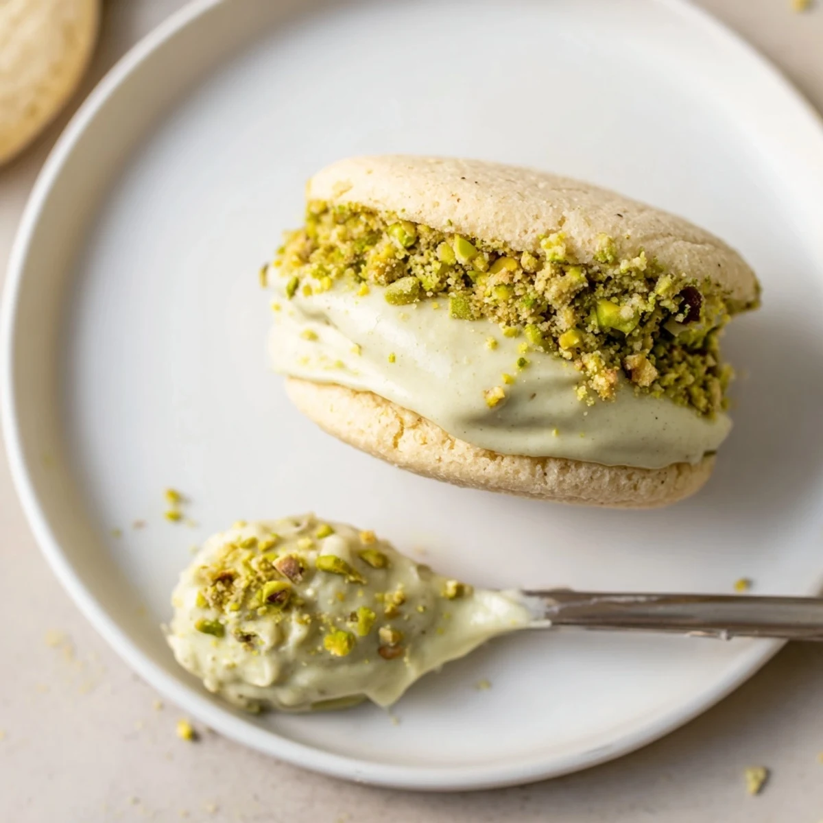 Pistachio Cream Cookies arranged on a plate, buttery centers and chopped pistachios