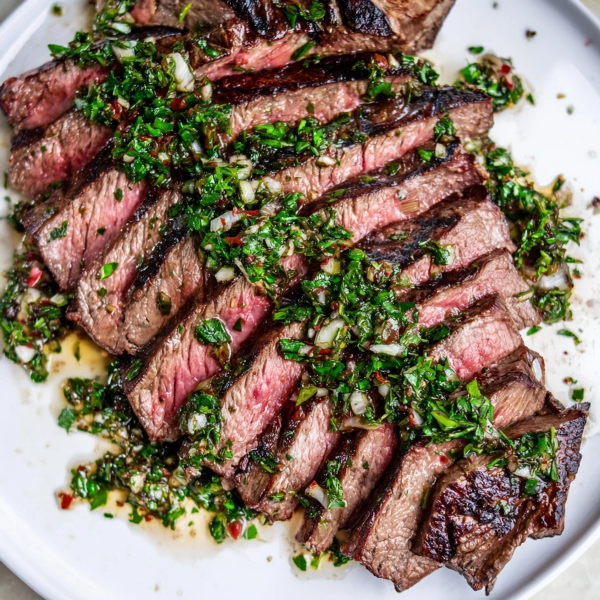 Sliced steak with vivid green chimichurri in Chimichurri Steak Recipe presentation