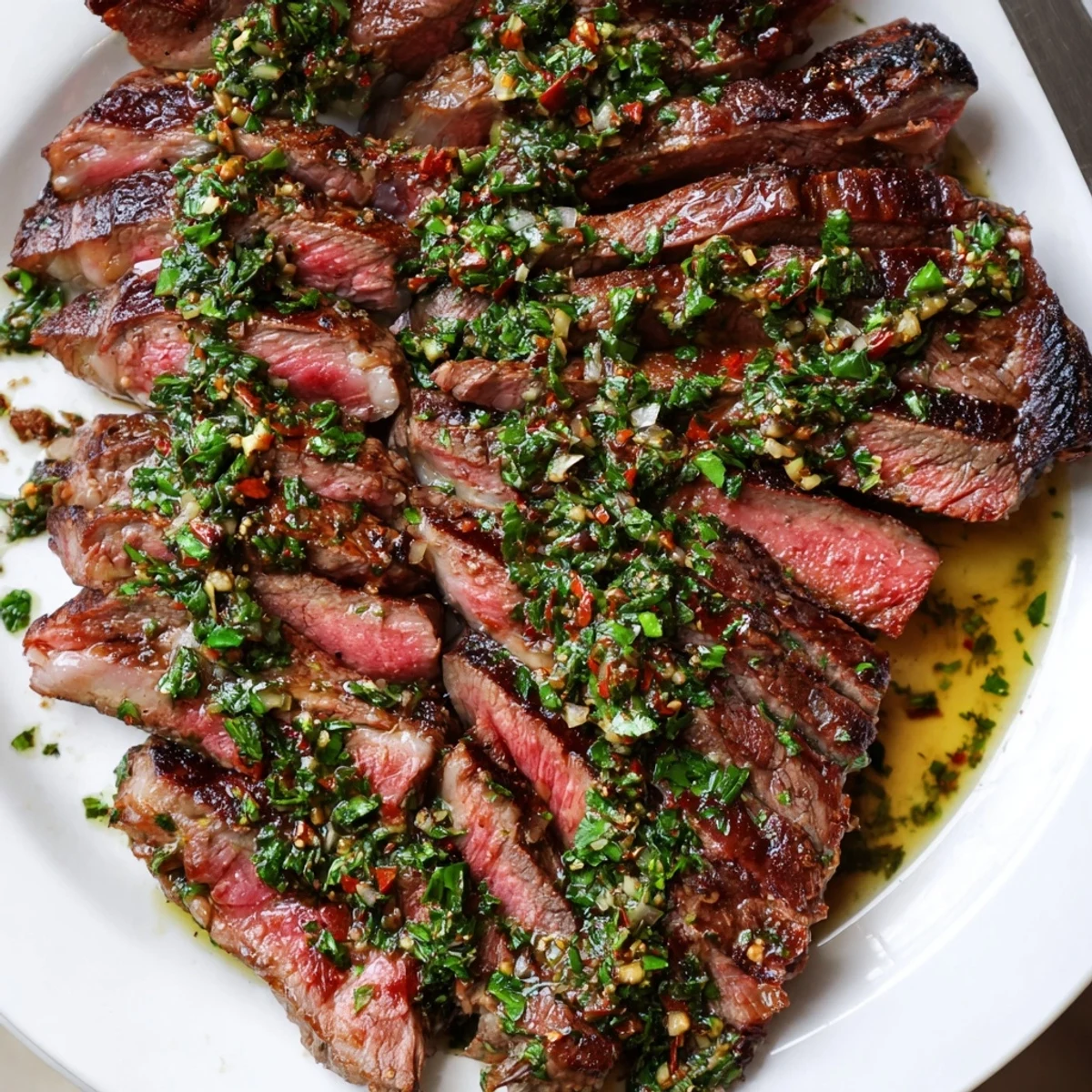 Chimichurri Steak Recipe shows juicy grilled ribeye topped with bright herb sauce