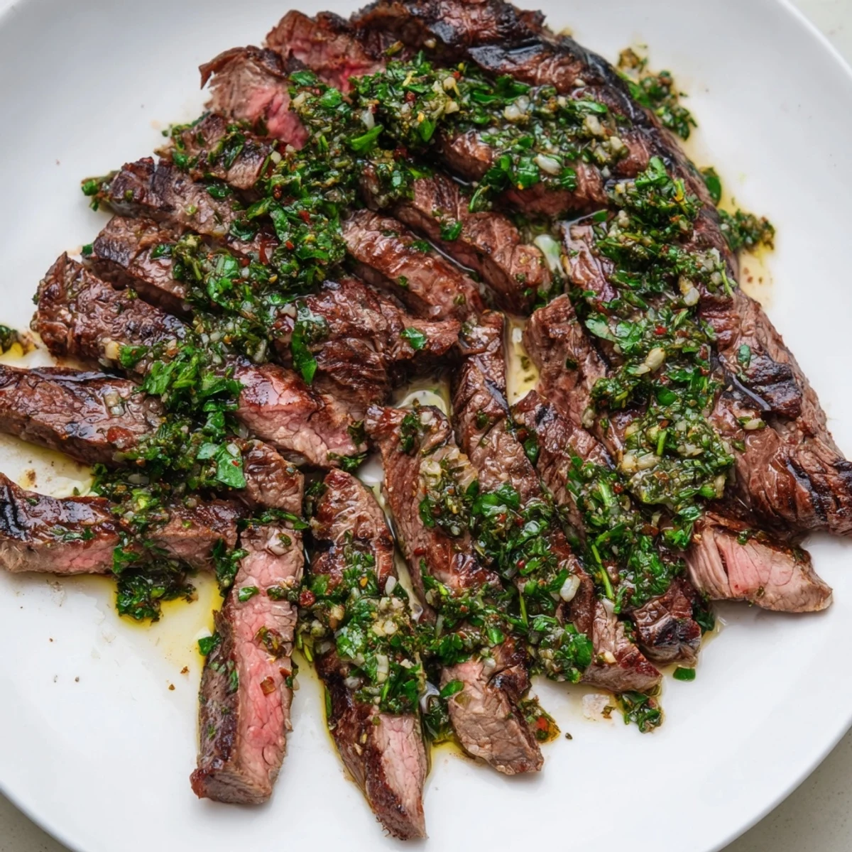 Grilled Chimichurri Steak Recipe resting under foil, garlic parsley sauce glistening