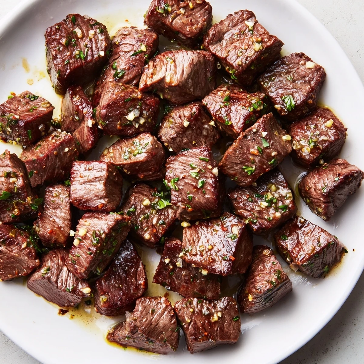 Cowboy Butter Steak Bites sizzling in skillet, garlic and herb butter coating