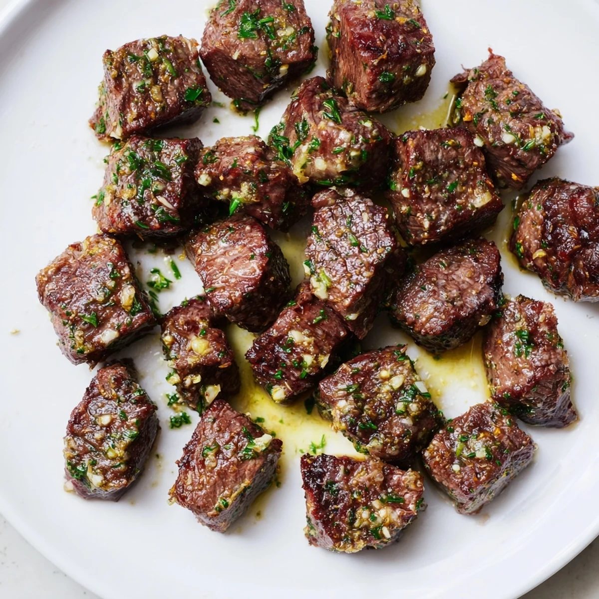 Plated Cowboy Butter Steak Bites with fresh herbs, perfect for sharing