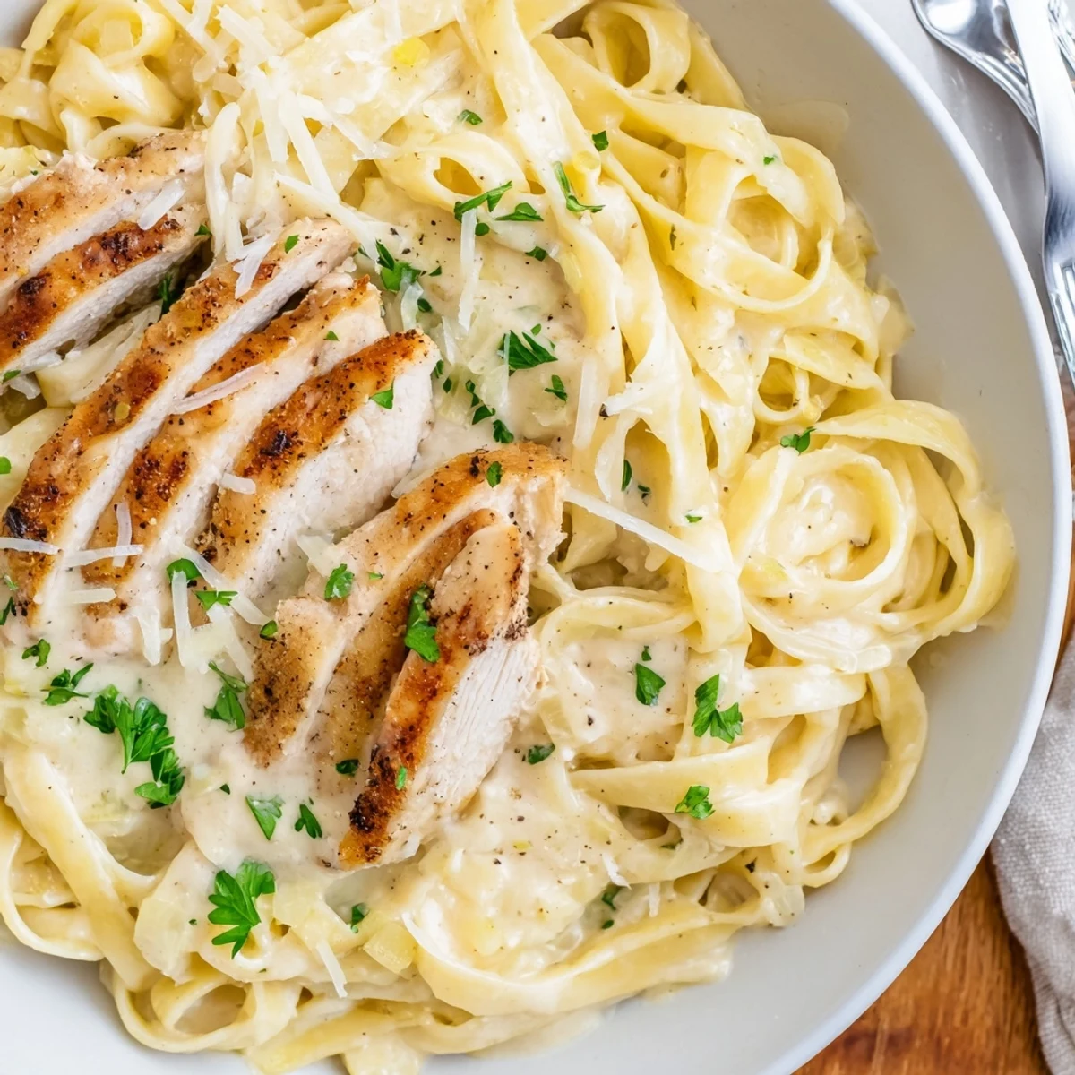 Creamy Garlic Chicken Pasta piled on plate, steam rising, parsley garnish