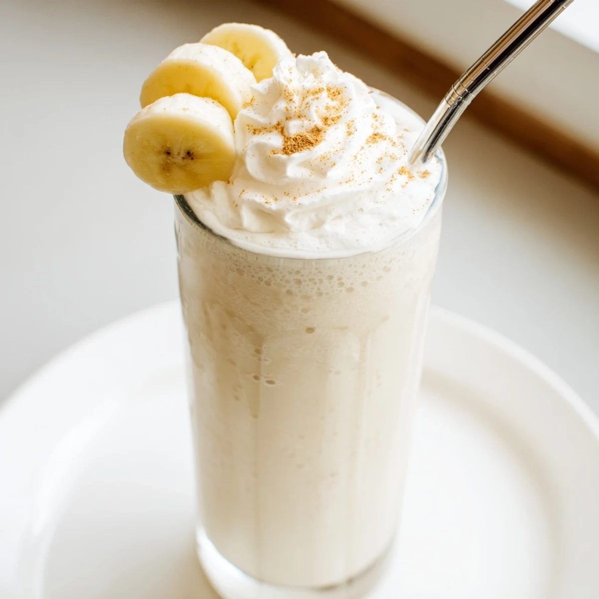Creamy Vanilla Banana Shake with frothy texture, chilled glass and cinnamon sprinkle
