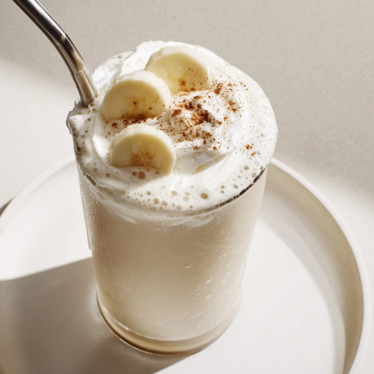 Thick Vanilla Banana Shake blended with maple syrup, ice, and whipped cream