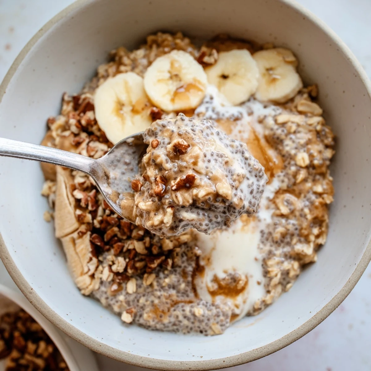 A mason jar of Brown Sugar Coffee Overnight Oats layered with toasted pecans