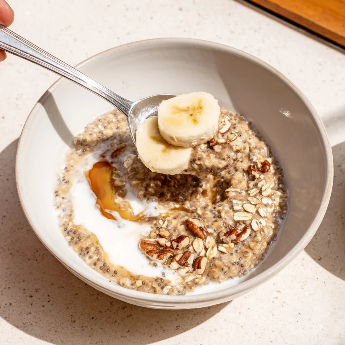 Make-ahead Brown Sugar Coffee Overnight Oats spoon-ready, chilled with maple syrup drizzle