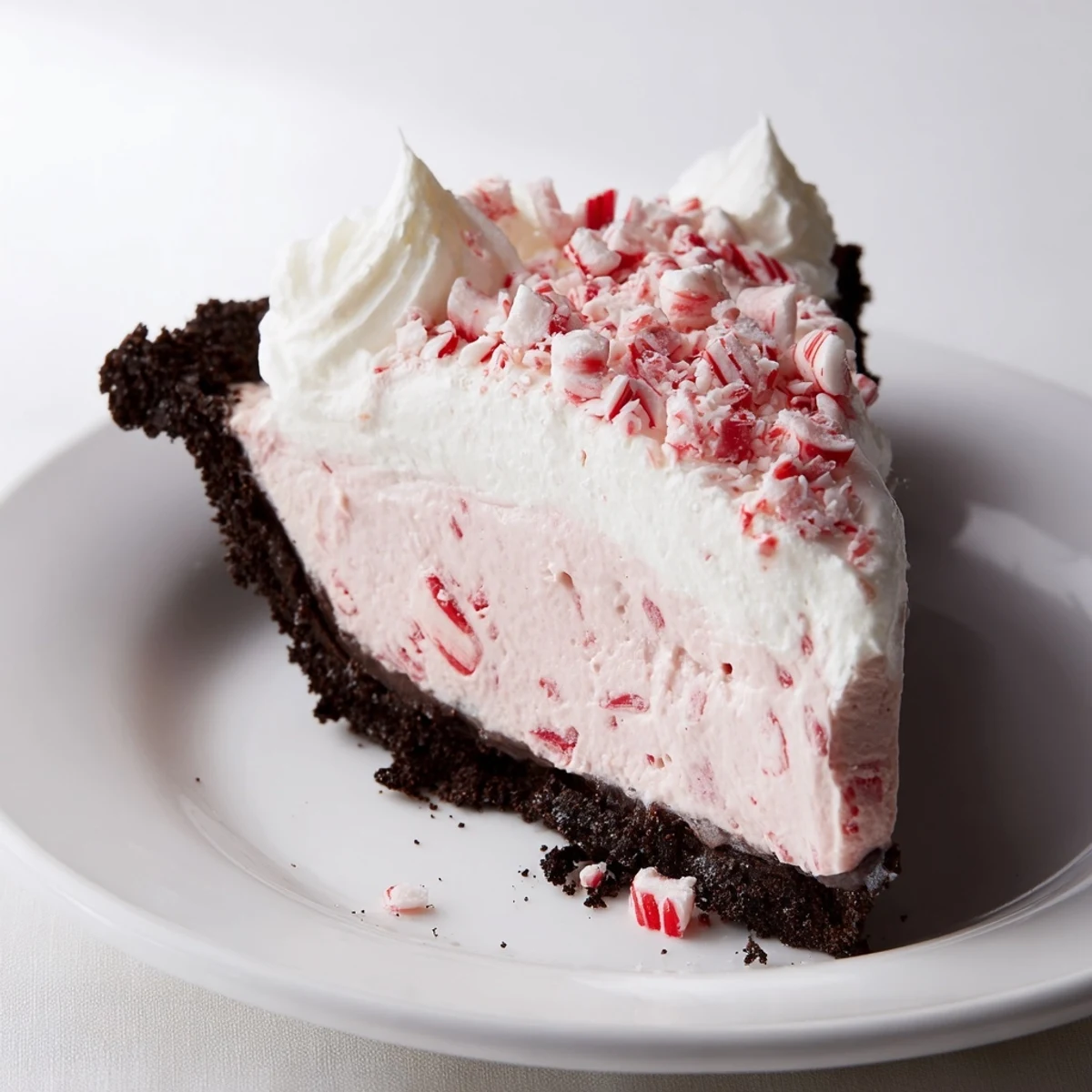Candy Cane Pie with creamy peppermint filling, chocolate cookie crust, crushed topping